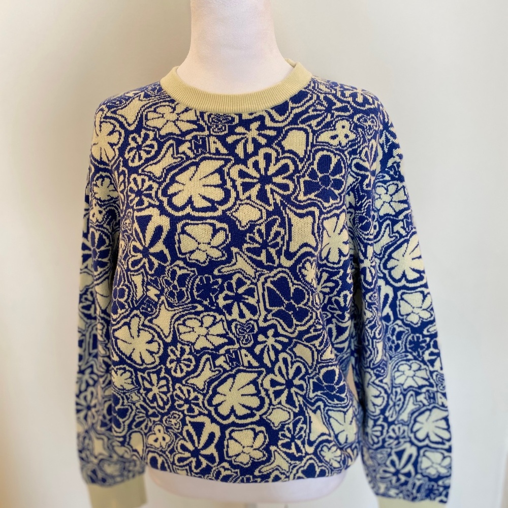TNA Groovy Blue & Cream Floral Knit Pullover — Perfect Spring Transition Sweater